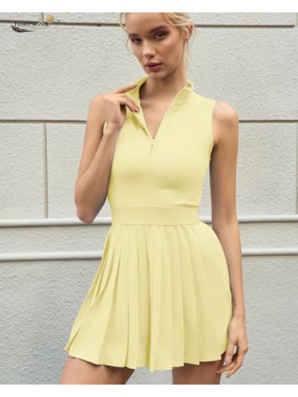 Women's Zip Front Tennis Dress Pleated Sleeveless 2 Piece Athletic Dress with